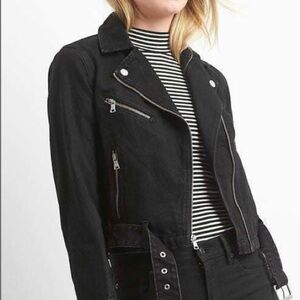 Gap 1969 Black Moto Jacket Women’s Medium Belted Denim Biker Style